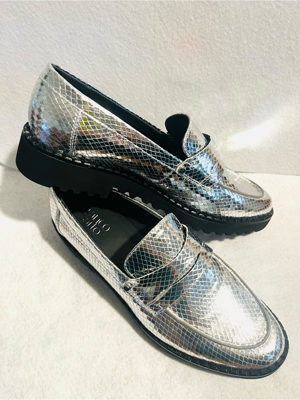 Franco Sarto Women's 8.5 M Silver Faux Snakeskin Lug Loafers Cassandra